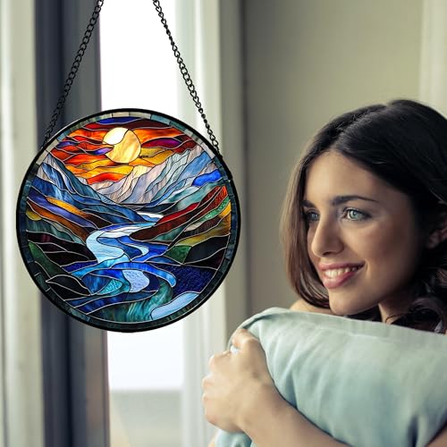 Stained Glass Window Hanging River Scenery Suncatcher Gifts for Women 6.3"