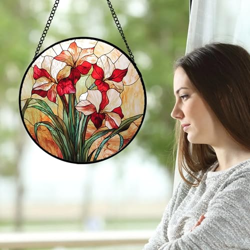 Red Flowers Green Leaves Stained Glass Window Hanging Suncatcher Gifts 6.3" (Red / 6.3x6.3 IN)