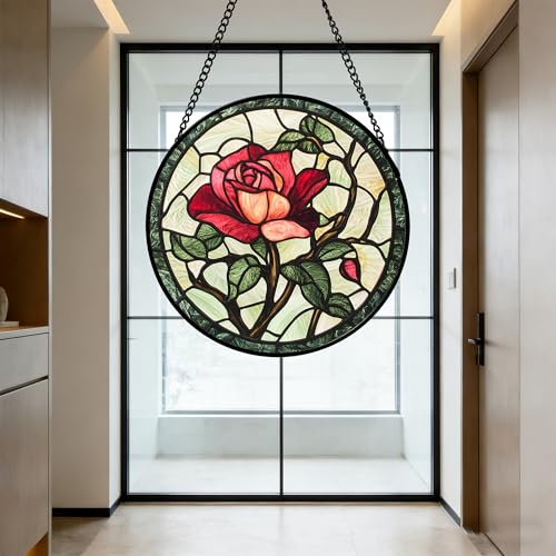 Stained Glass Window Hanging Red Rose Suncatcher Gifts for Women 15"