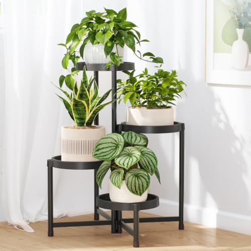 Plant Stand Indoor Outdoor with Large 10 Inch Plastic Tray (Solid Black with Large Tray / 4 Tier)