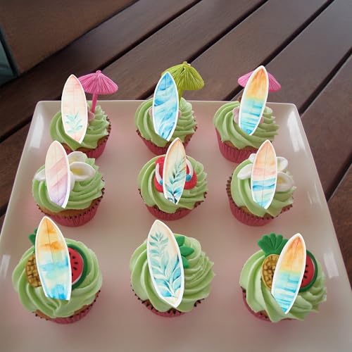 54Pcs Edible Surfboard Cupcake Toppers Wafer Paper Surfboard Mini Accents for Swimming Pool Summer Beach Party Luau Birthday Baby Shower Party Supplies Blue Pink Yellow (54 Count)