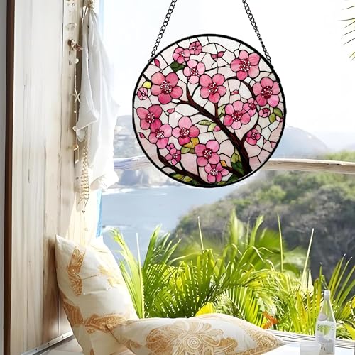 Pink Cherry Blossoms Stained Glass Window Hanging Suncatcher Gifts 7.8" (Pink / 7.8x7.8 IN)