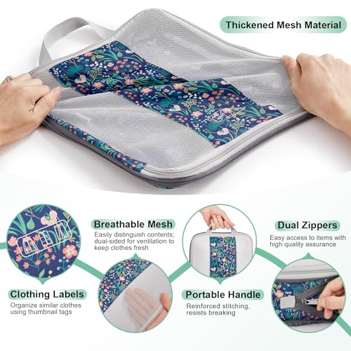 10 Set Compression Packing Cubes for Travel Essentials (Dark Blue Floral)