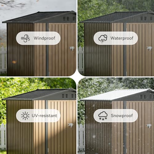 Shed Storage Outdoor Metal Windowed Lockable Weatherproof Ventilated Backyard Garden Utility Workshop (Brown / 8'*6')