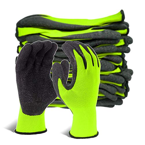 Crinkle Latex Rubber Coated Safety Work Gloves for Men Women (XX-Large / Green-12 Pairs)