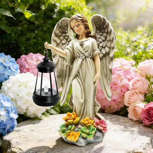 Solar Garden Statue Angel Figurine (Grey - Angel with Lantern)