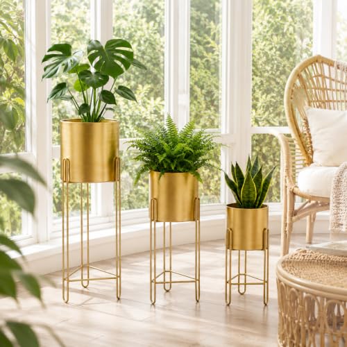 Set of 3 Large Planters with Stand Gold Planter for Indoor Plants 29 &22 &12" Tall Morden Metal Plant Pots for Living Room Corner Kitchen Office Garden Balcony Patio Decor
