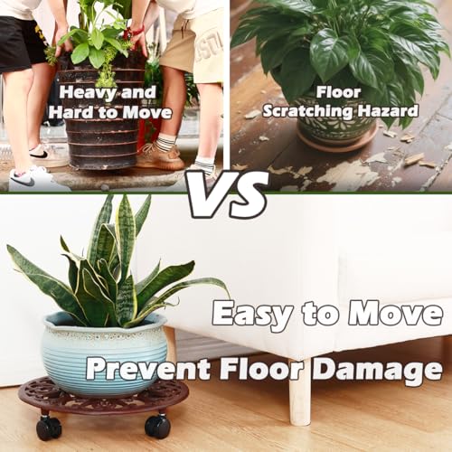 3 Packs 14 Inch Rolling Plant Stand with Wheels Metal Plant Caddy with Wheels Heavy Duty Round Plant Stand Indoor Iron Plants Rollers for Plants (14 inch: 3 pcs / Brown)