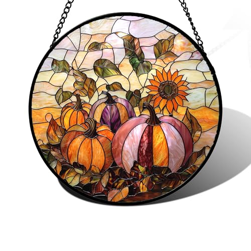 Fall Sunflowers Pumpkins Stained Glass Window Hanging Suncatcher Gifts 6.3" (Orange Pink / 6.3x6.3 IN)