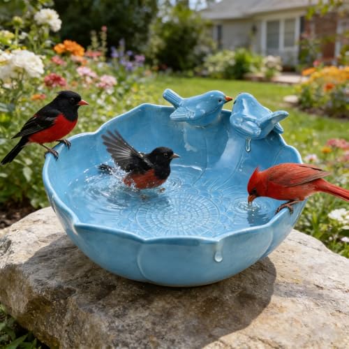 Glazed Ceramic Bird Bath Bowl Outdoor (Blue)