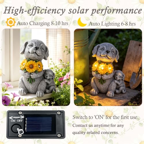 Garden Statue Dog Figurine with Solar Sunflowers Bouquet Outdoor Decoration