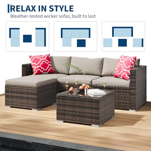 5-Piece All-Weather Patio Furniture Set, Convertible Outdoor Sectional Sofa with Ottoman & Tempered Glass Table, PE Rattan Conversation Set for Garden, Backyard, Porch, Poolside (Brown/Grey / 5 Pieces)