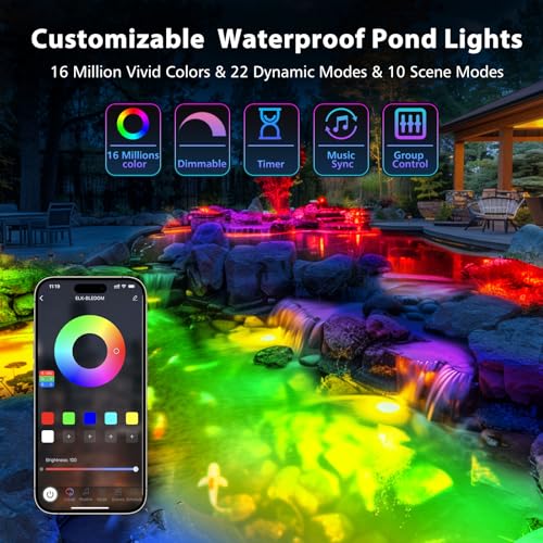 Underwater Pond Light with APP Control & 12V Transformer (Black Wire / 6-IN-1 Spotlight)