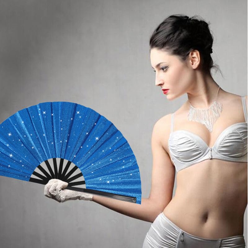 2 Pack Glitter Large Folding Hand Fans for Line Dancing (Royal Blue)