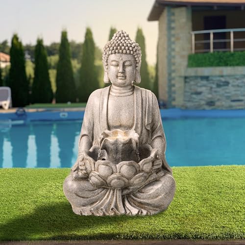 Buddha Fountain Outdoor with Pump & LED Light 23.25" H (Concrete Buddha W/Lotus Leaf&flower Basins / 23.25"H)