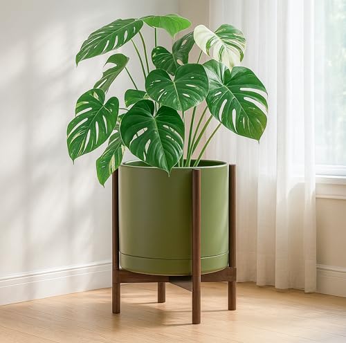 Ceramic Pot with Walnut Wood Stand (14 Inch / Olive Pot + Walnut Color Stand)