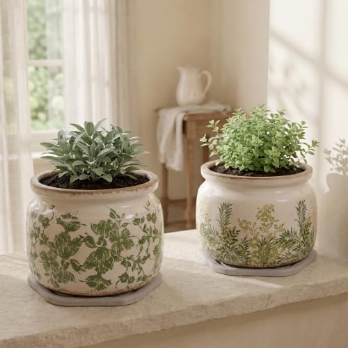 Tuscan Ceramic Planter with Decorative Tray (Classic Green / 7.7 in - w/ Saucer)
