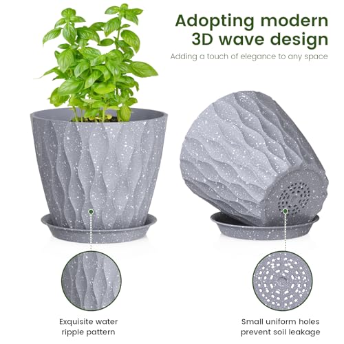 7/6.5/6/5.5/5/4.5/4 inch Plant Pots for Indoor Outdoor Plants, 7 Pack Thick Flower Pots with Drainage Holes and Saucers, Modern Wave Texture Plastic Planters Nursery Pots, Speckled Grey (Grey With White Speckles / 7+6.5+6+5.5+5+4.5+4 inch 7 pieces)