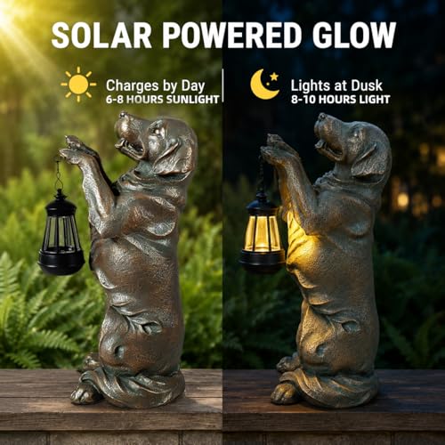 Solar Garden Statue Outdoor Decor 17.5 In Golden Retriever Dog with Lantern (Bronze 17.5in)
