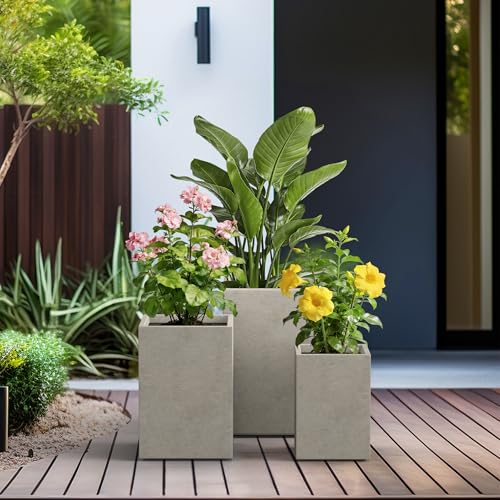 Set of 3 Weathered Concrete Tall Planters 13" 11" 9" Dia (3 Count)