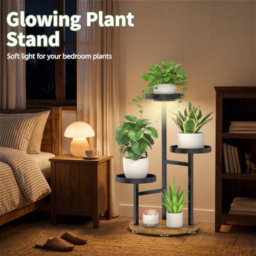 Corner Plant Stand Indoor Shelf Tall with Lights (Matte Black - Brown with Light / 3 Tier)