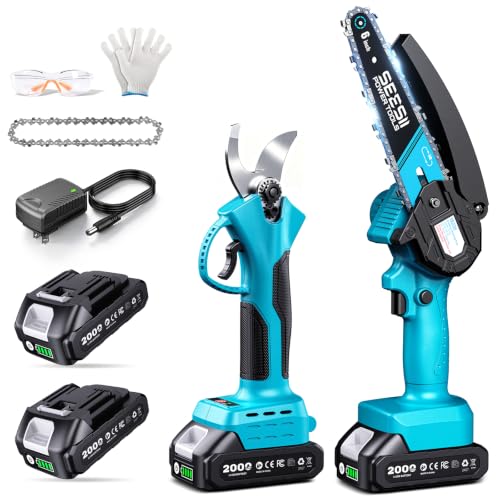 2-in-1 Mini Chainsaw & Pruning Shears, 20V Brushless Motor Combo (Industrial Blue)