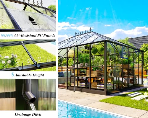 16x12x9.5 FT Outdoor Polycarbonate Greenhouse with Clear Panels (16x12x9.5 FT)