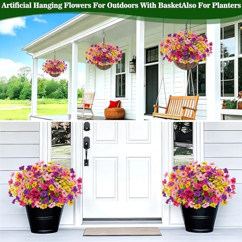 2 Sets Artificial Hanging Plants Flowers Basket Outdoor (Red Purple Yellow Rose Red - 2 Sets)