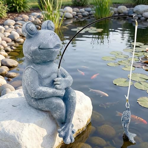9.5" Frog Fishing Garden Sculptures & Statues (Gray)