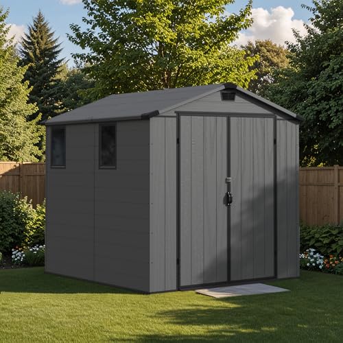 6X8 FT Plastic Outdoor Storage Shed with Floor (Dark Grey / 6x8)