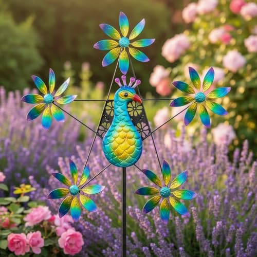 Peacock Colorful Flowers Wind Spinner with Stake (Green)