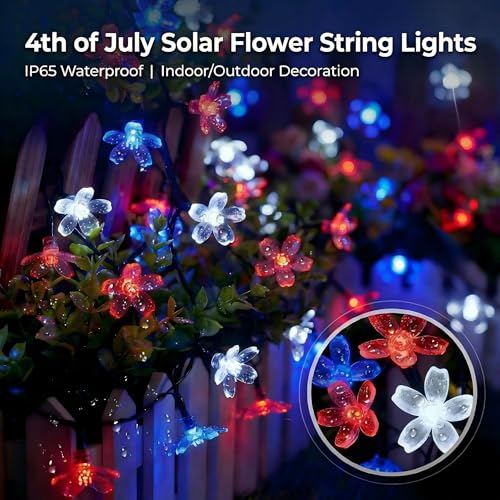50 LED Solar Flower String Lights Outdoor Waterproof Fairy Lights (Red White&Blue / 1 Pack)