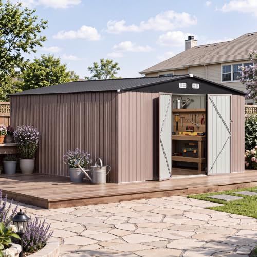 14x12 FT Outdoor Storage Shed with Lockable Double Doors (Brown / 14'x12')