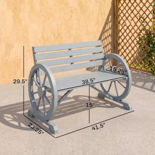 41" Wooden Outdoor Bench Rustic Wagon Wheel Light Gray