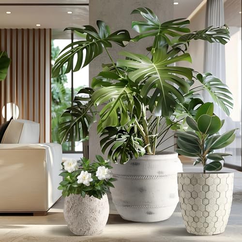 Round Concrete Style Planter Set of 3 (Stone White)