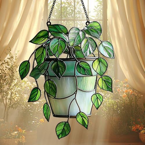 Monstera Garden Acrylic Suncatcher Plant Lover Gift Faux Stained Glass Window Hanging Garden Home Decor Gift for Mom (1-fba-lh-evg-j19-h / 8")
