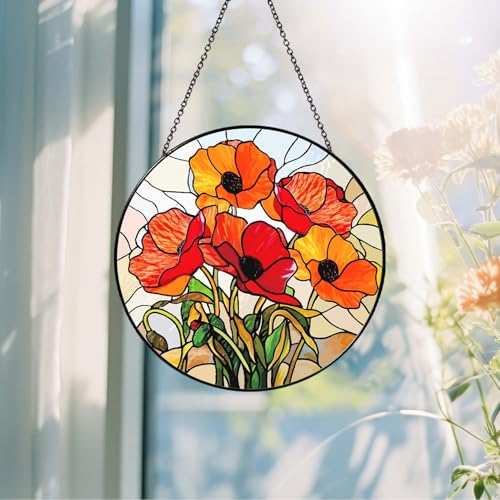 California Poppy Forest Sun Catcher 6'' Stained Glass Window Hanging Flower Lover Gifts for Women Red Poppy Kitchen Decor Suncatcher Decoration for Home Garden Housewarming Gifts (Poppy-02 / 5.91inch)