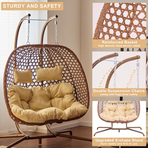 Double Swing Egg Chair with Stand (Double Seat-bronze Frame + Beige Cushion)
