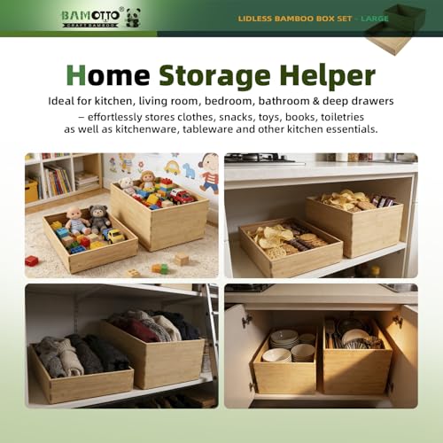 2 Piece Bamboo Storage Box Set Stackable Organizer (2-Piece Bamboo Box Set - Large / 14.6"L x 10.2"W x 7.1"H & 14.6"L x 10.2"W x 3.1"H)