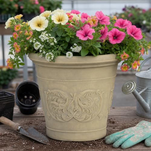 Sunnydaze Arabella 16'' Plastic Planter Pot for Plants (Beige / 16 in)
