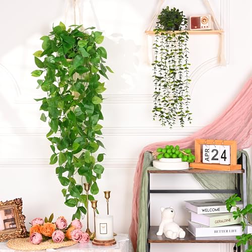 2Pcs Fake Hanging Plants with Pot (Eucalyptus Vines / 2Pcs Plants with Pot)