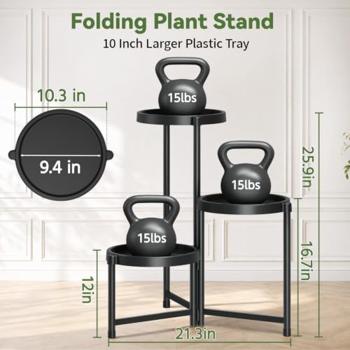 Plant Stand Indoor Outdoor with Large 10 Inch Plastic Tray (Black with Large Tray / 3 Tier)