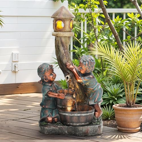 AUTODAYA 31" Boy and Girl Outdoor Fountain LED 3 (31"h Bronze)