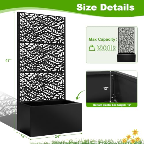 47"x24"x12" Metal Planter Box with Trellis (Black Leaf-shaped / 47"x24"x12")