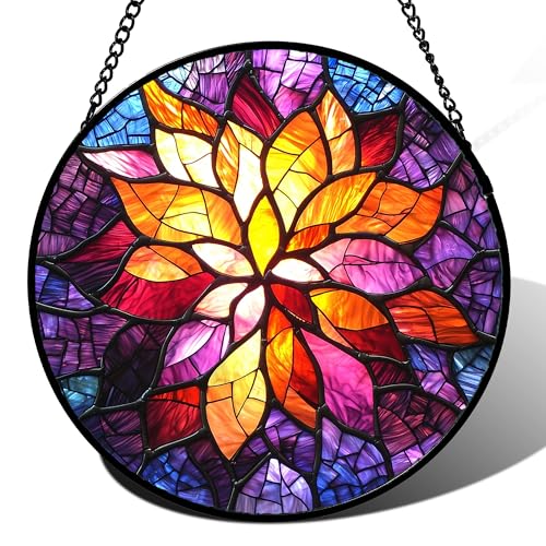 Purple Gradient Flower Stained Glass Window Hanging Gifts for Women 12" (Purple Orange / 11.8x11.8 IN)