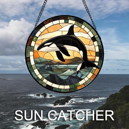 Orca Whale Ocean Waves Stained Glass Window Hanging Suncatcher Gifts 6.3" (Black and White / 6.3x6.3 IN)