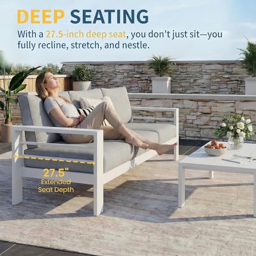 Aluminum Patio Furniture Set for All Weather (Light Grey / Loveseat+Wood Top Table)
