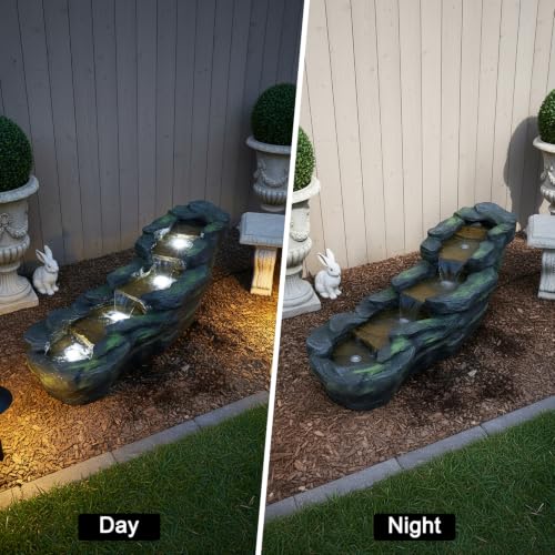 Cascading Rock Outdoor Water Fountain with LED Lights (41.3" L / Gray_13)