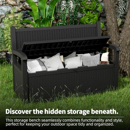 80 Gallon Outdoor Storage Bench Lockable Deck Box Outdoor Storage Box Waterproof for Patio (Black / 80 Gallon)