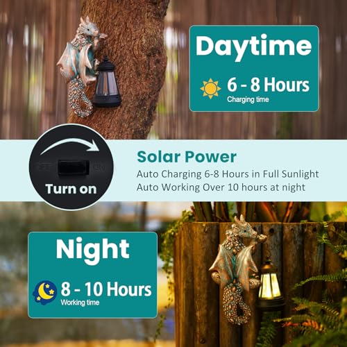 Dragon Tree Hugger with Solar Lantern Garden Statue (Bronze)